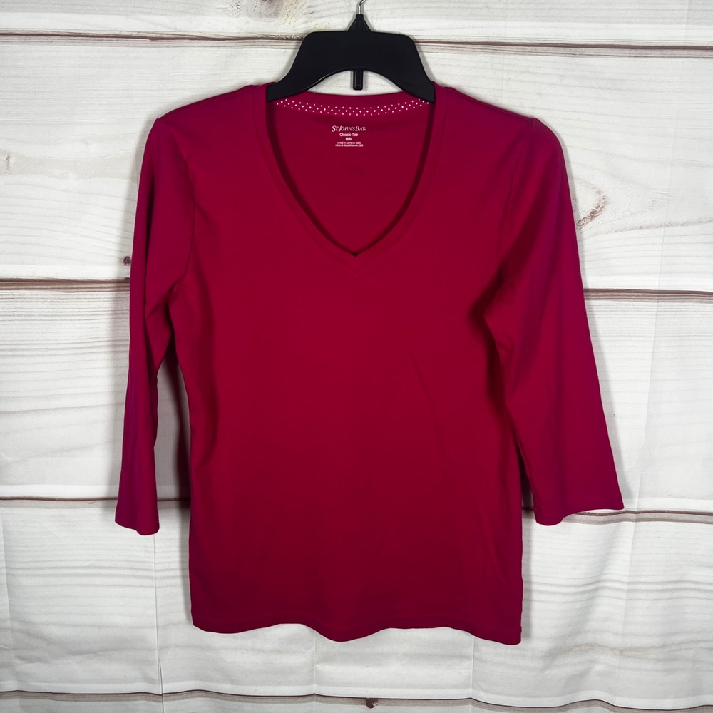 St. John's Bay Classic Tee Womens Medium Pink Solid V-Neck 3/4 Sleeve Cotton Top